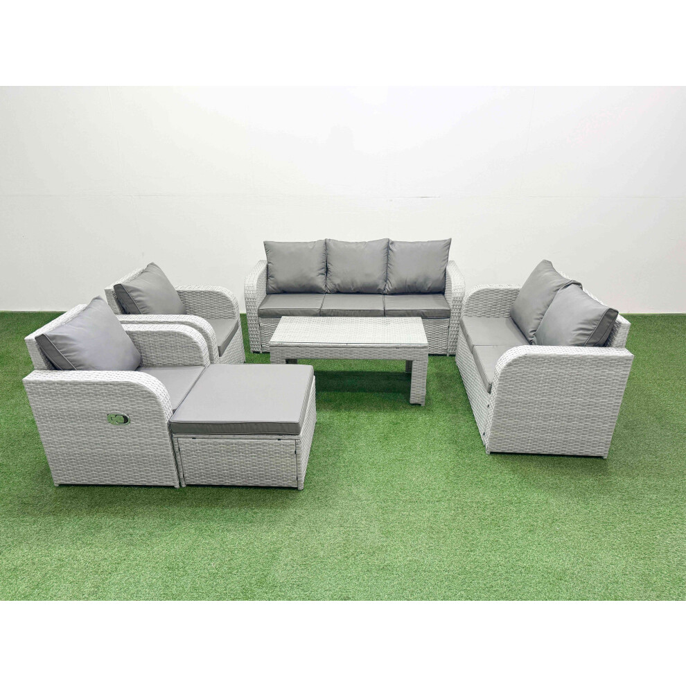 Fimous PE Rattan Garden Furniture Set Adjustable Chair Sofa Double Love Seat 2 Seater Sofa Lounge Set Big Footstool Light Grey