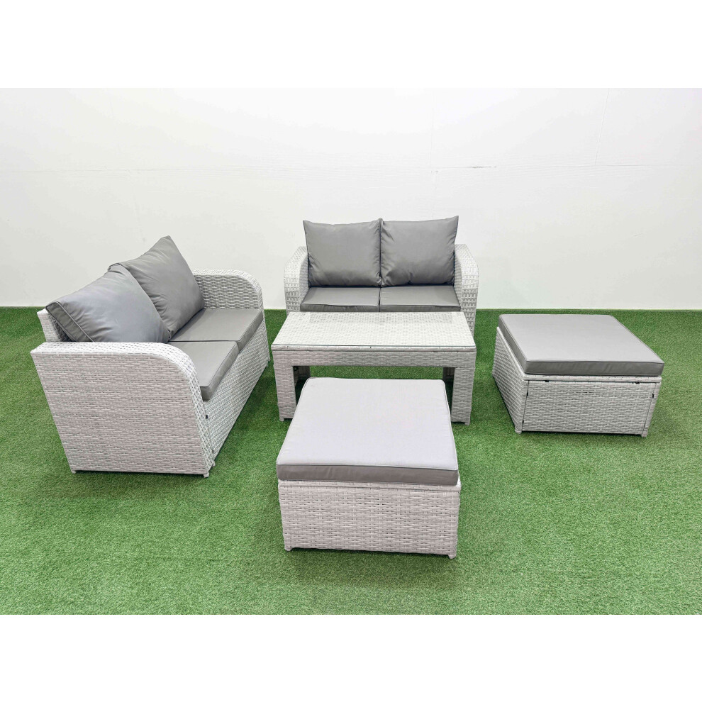 Fimous 6 Seater Outdoor Love Sofa Set Rattan Garden Furniture Set with Oblong Coffee Table 2 Footstool Light Grey