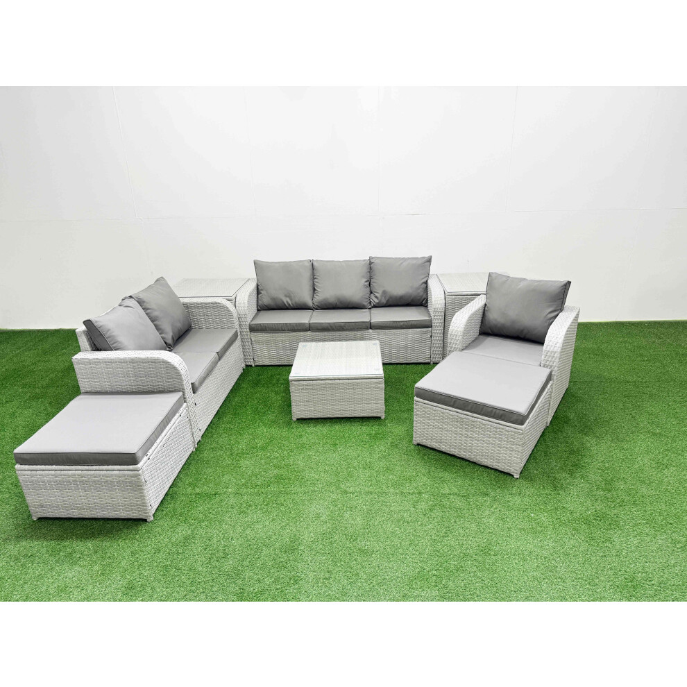 Fimous Patio Pe Wicker 8 Seater Outdoor Rattan Furniture Sofa Sets With Reclining Chair Loveseat Sofa 2 Big Footstools 2 Side Table