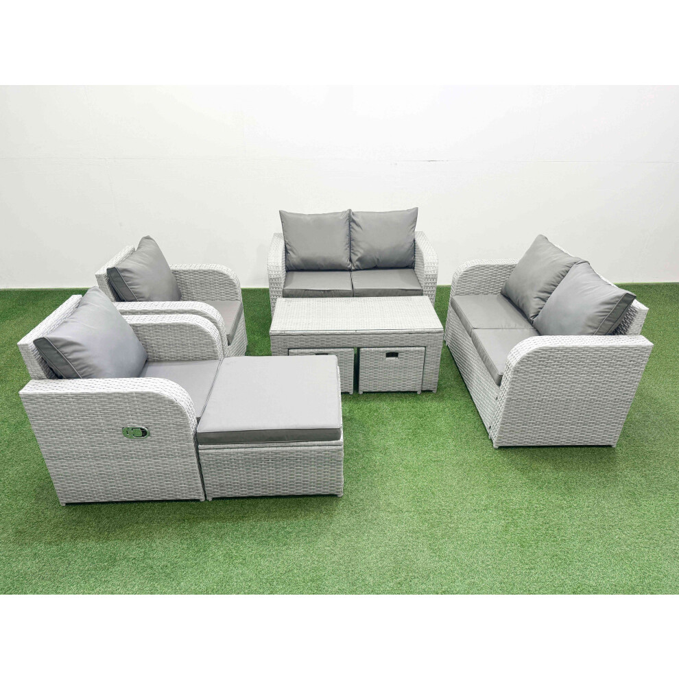 Fimous 9 Seater Outdoor Reclining Chair Love Sofa Set Rattan Garden Furniture Set with Oblong Coffee Table 3 Stools Light Grey