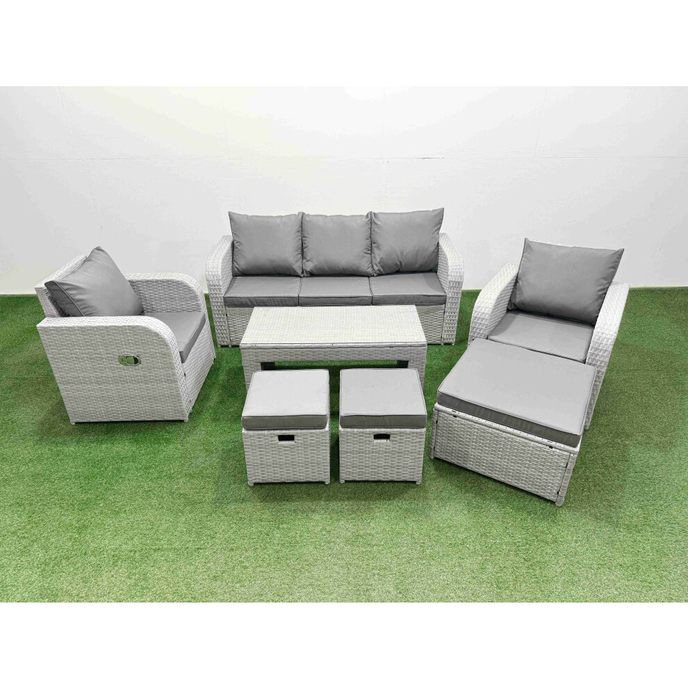 Fimous Pe Rattan Garden Furniture Set Reclining Chair Sofa Lounge Sofa Set 3 Stools Light Grey