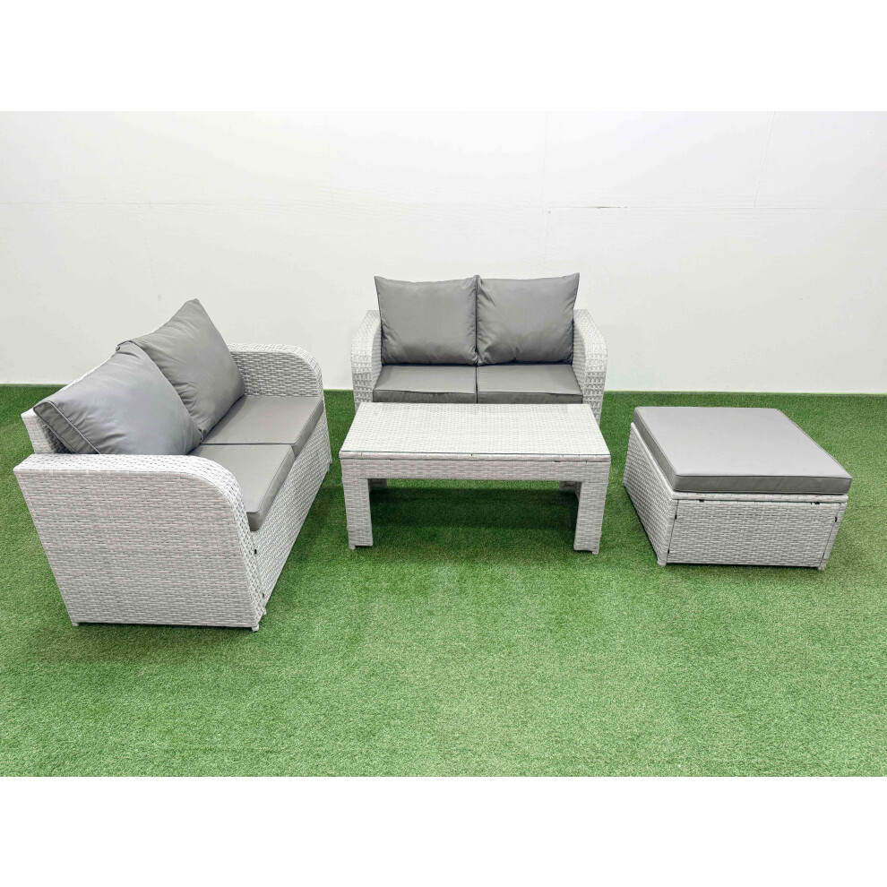 Fimous 5 Seater Outdoor Love Sofa Set Rattan Garden Furniture Set with Oblong Coffee Table Big Footstool Light Grey