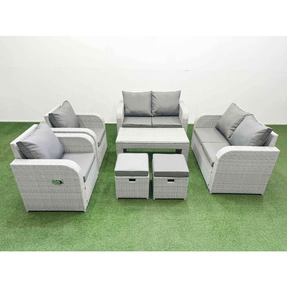 Fimous 8 Seater Outdoor Reclining Chair Love Sofa Set Rattan Garden Furniture Set with Oblong Coffee Table 2 Stools Light Grey