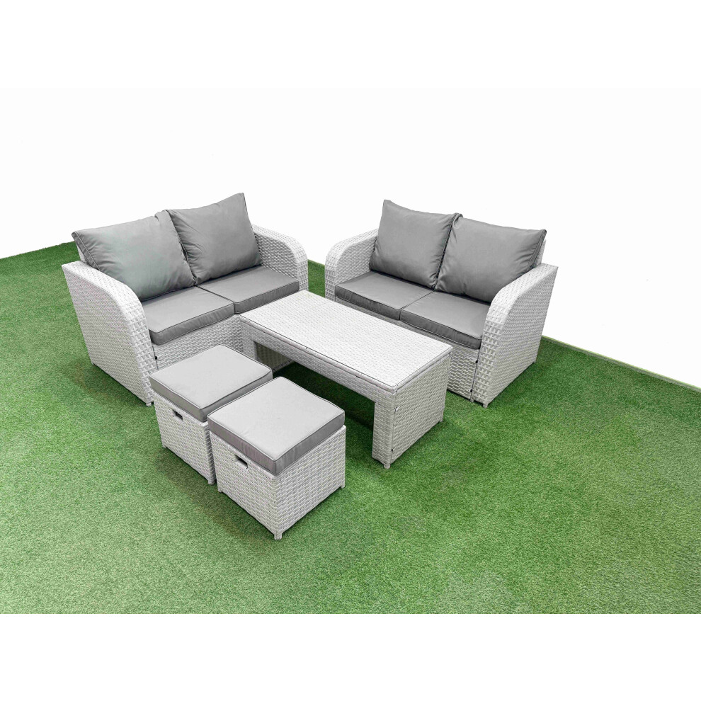 Fimous 6 Seater Outdoor Love Sofa Set Rattan Garden Furniture Set with Oblong Coffee Table 2 Small Stools Light Grey