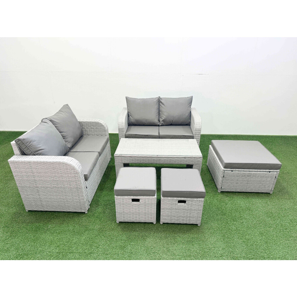 Fimous 7 Seater Outdoor Love Sofa Set Rattan Garden Furniture Set with Oblong Coffee Table 3 Footstool Light Grey