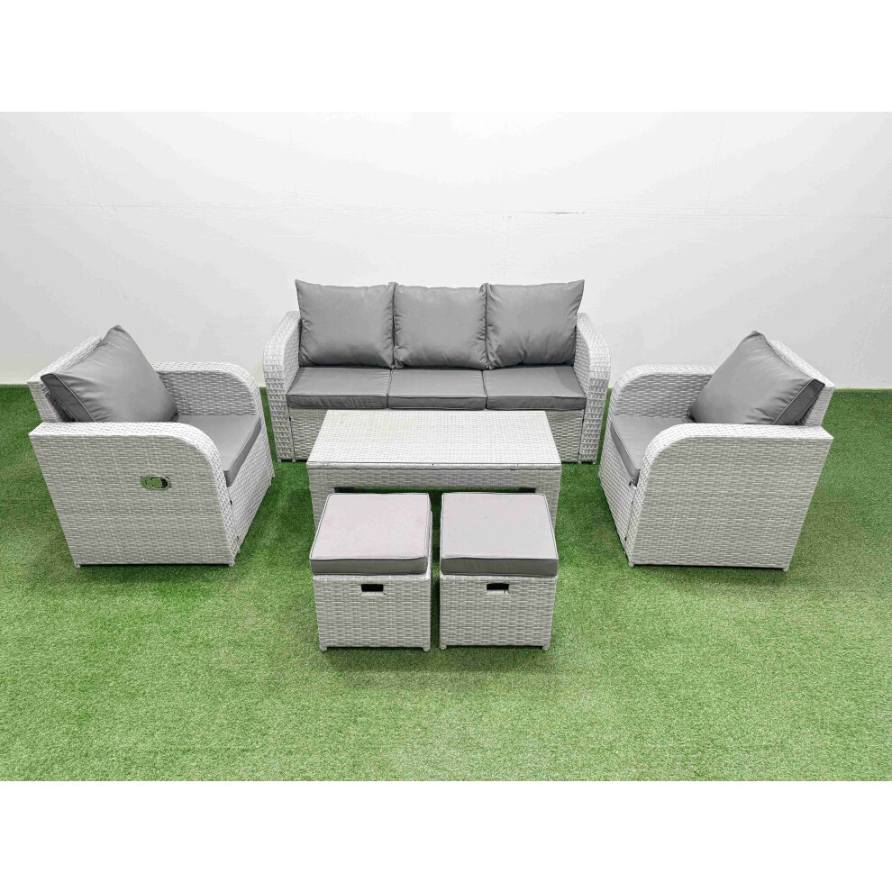 Fimous PE Rattan Garden Furniture Set Reclining Chair Sofa Lounge Sofa Set 2 Small Stools Light Grey