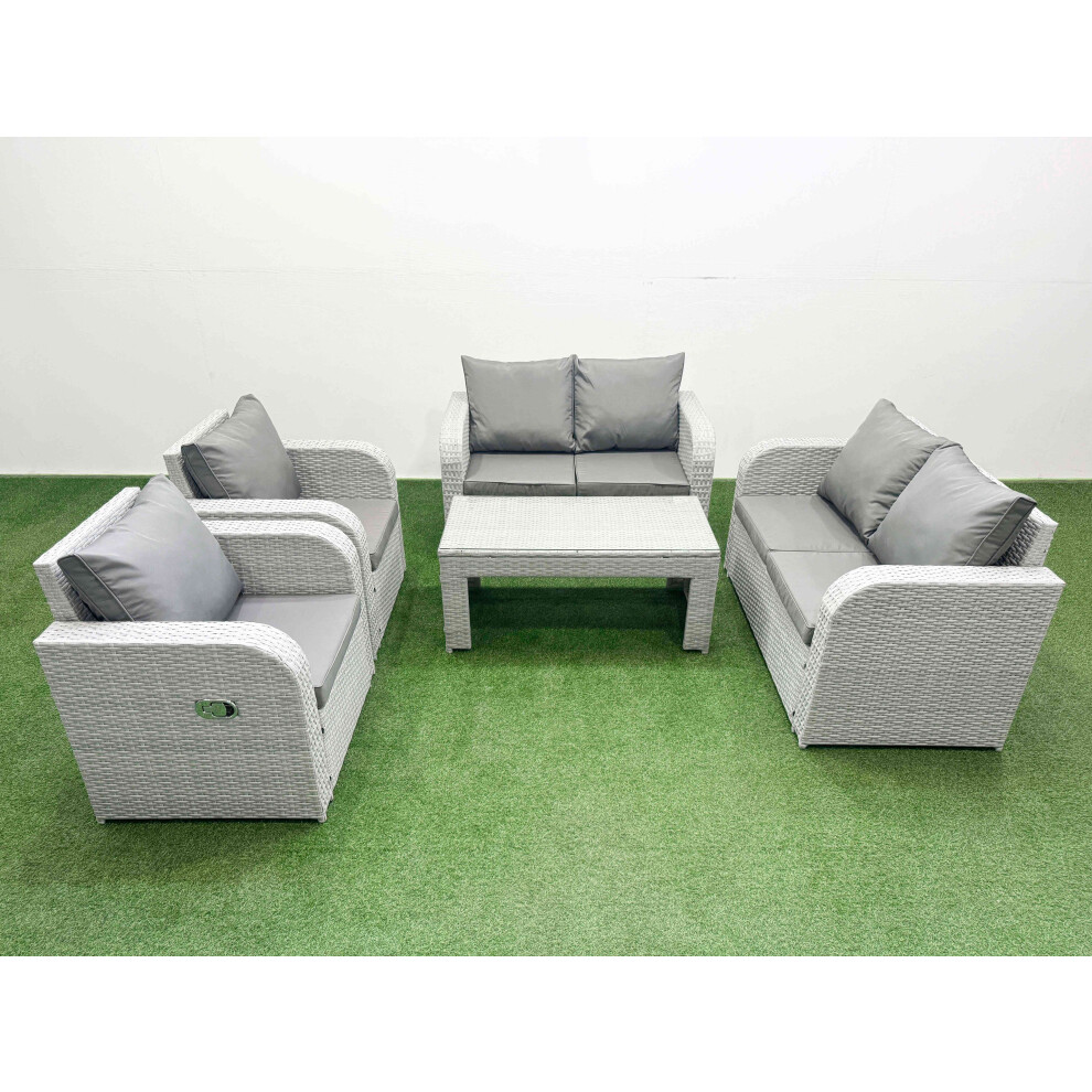 Fimous 6 Seater Outdoor Reclining Chair Love Sofa Set Rattan Garden Furniture Set with Oblong Coffee Table Light Grey