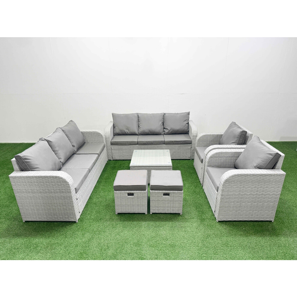 Fimous PE Rattan High Back Lounge Sofa Set Patio Square Coffee Table & Chairs Set with Reclining Chair Stools Light Grey