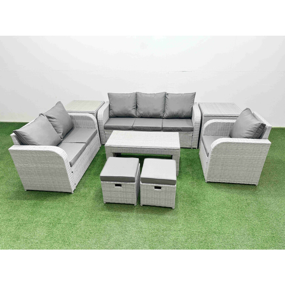 Fimous Patio PE Wicker 8 Seater Outdoor Rattan Furniture Sofa Sets with Reclining Chair Loveseat Sofa 3 Seater Sofa Stool 2 Side Table