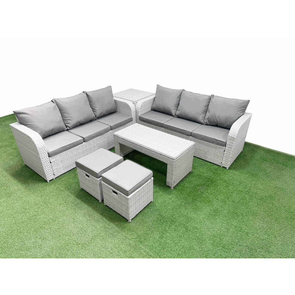 Fimous Outdoor Garden Furniture Sets 8 Seater Wicker Rattan Furniture Sofa Sets with Oblong Coffee TableStools Side Table Light Grey