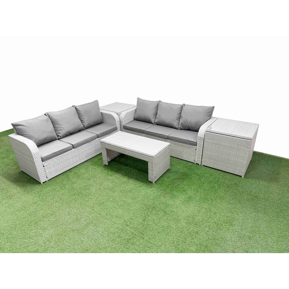 Fimous Outdoor Garden Furniture Sets 6 Seater Wicker Rattan Furniture Sofa Sets with Oblong Coffee Table2 Side Table Light Grey