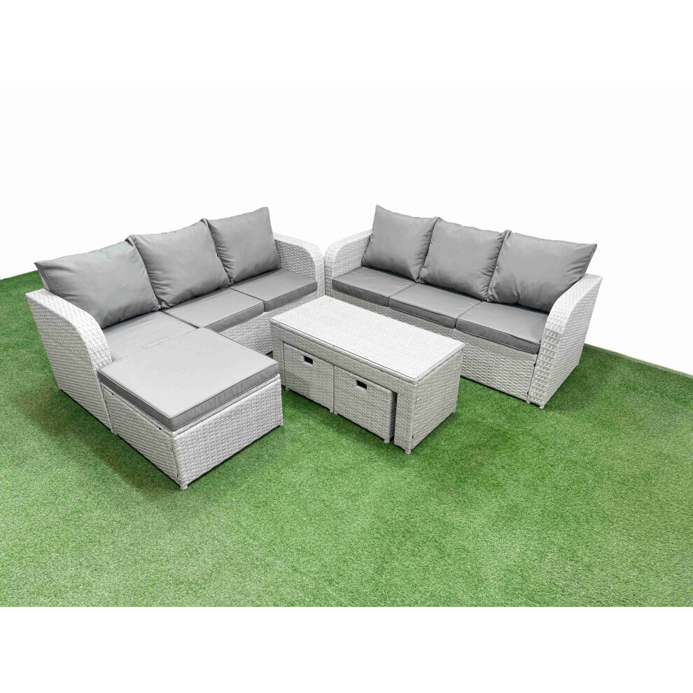 Fimous Outdoor Garden Furniture Sets 9 Seater Wicker Rattan Furniture Sofa Sets with Oblong Coffee Table3 Stools Light Grey