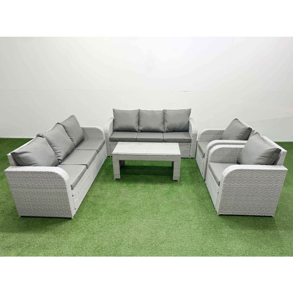 Fimous PE Rattan High Back Lounge Sofa Set Patio Oblong Coffee Table & Chairs Set with Light Grey