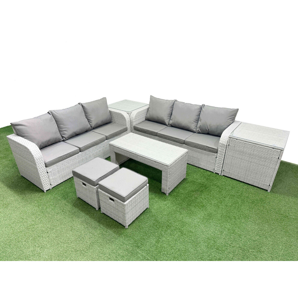 Fimous Outdoor Garden Furniture Sets 8 Seater Wicker Rattan Furniture Sofa Sets with Oblong Coffee TableStools 2 Side Table Light Grey