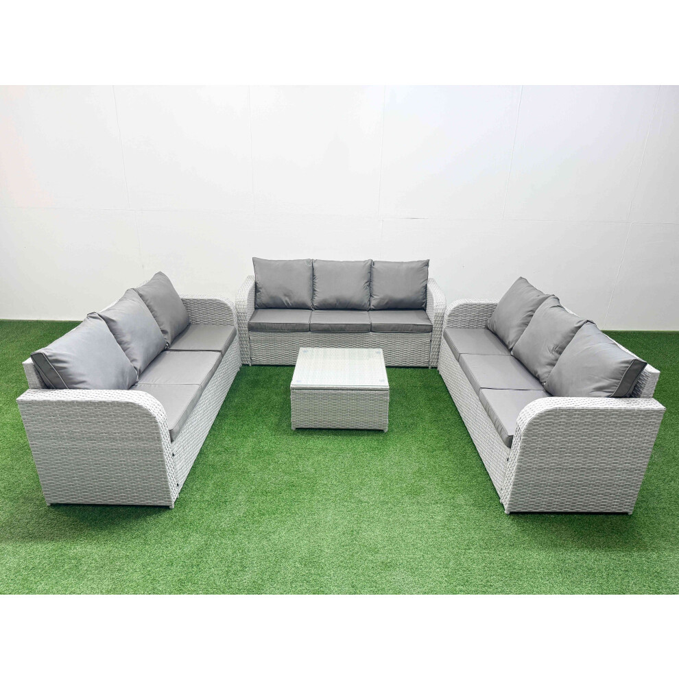 Fimous PE Rattan Lounge Sofa Set 9 Seater Outdoor Garden Furniture Set with Square Coffee Table 3 Seater Sofa Light Grey