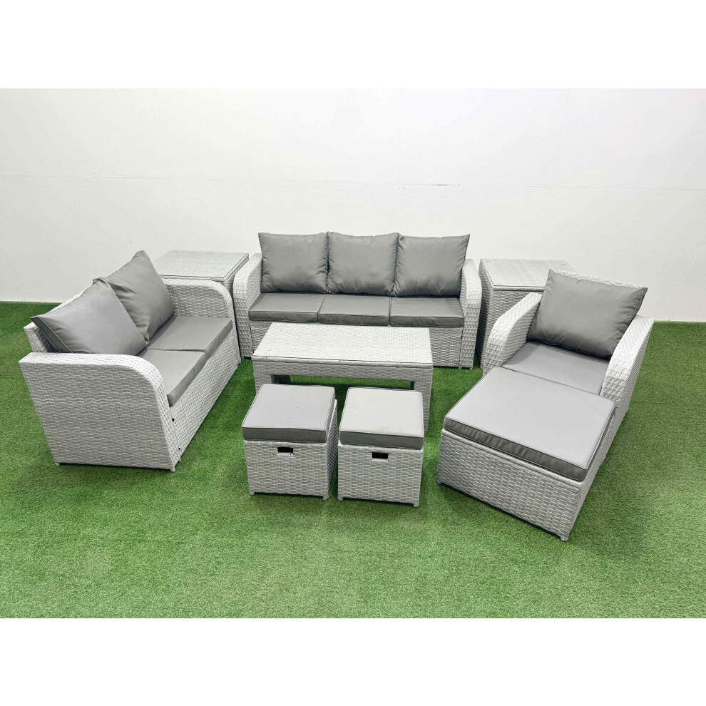 Fimous Patio PE Wicker 9 Seater Outdoor Rattan Furniture Sofa Sets with Reclining Chair Loveseat Sofa 3 Seater Sofa Stool 2 Side Table