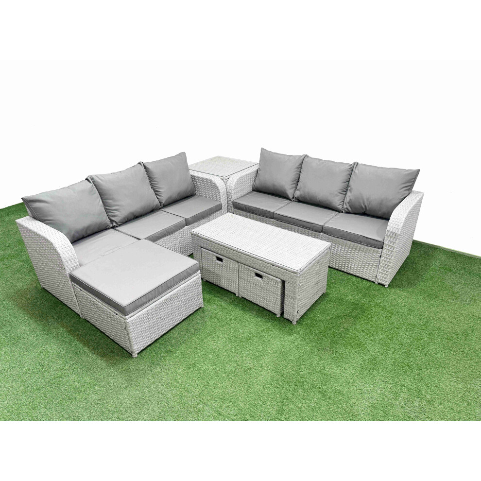 Fimous Outdoor Garden Furniture Sets 9 Seater Wicker Rattan Furniture Sofa Sets with Oblong Coffee Table3 Stools Side Table Light Grey