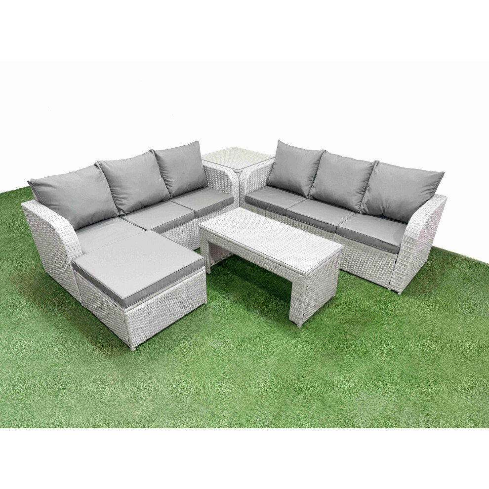 Fimous Outdoor Garden Furniture Sets 7 Seater Wicker Rattan Furniture Sofa Sets with Oblong Coffee TableBig Footstool Side Table