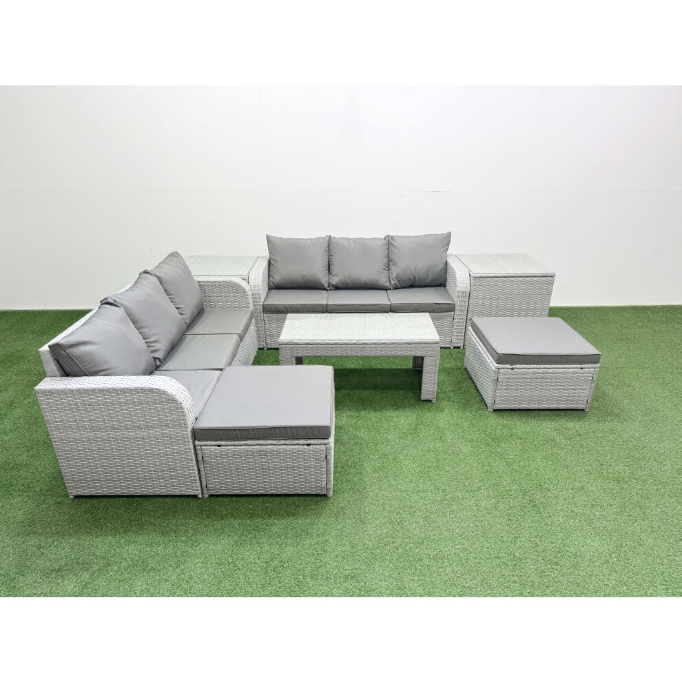 Fimous Outdoor Garden Furniture Sets 8 Seater Wicker Rattan Furniture Sofa Sets With Oblong Coffee Table2 Big Footstool 2 Side Table Grey