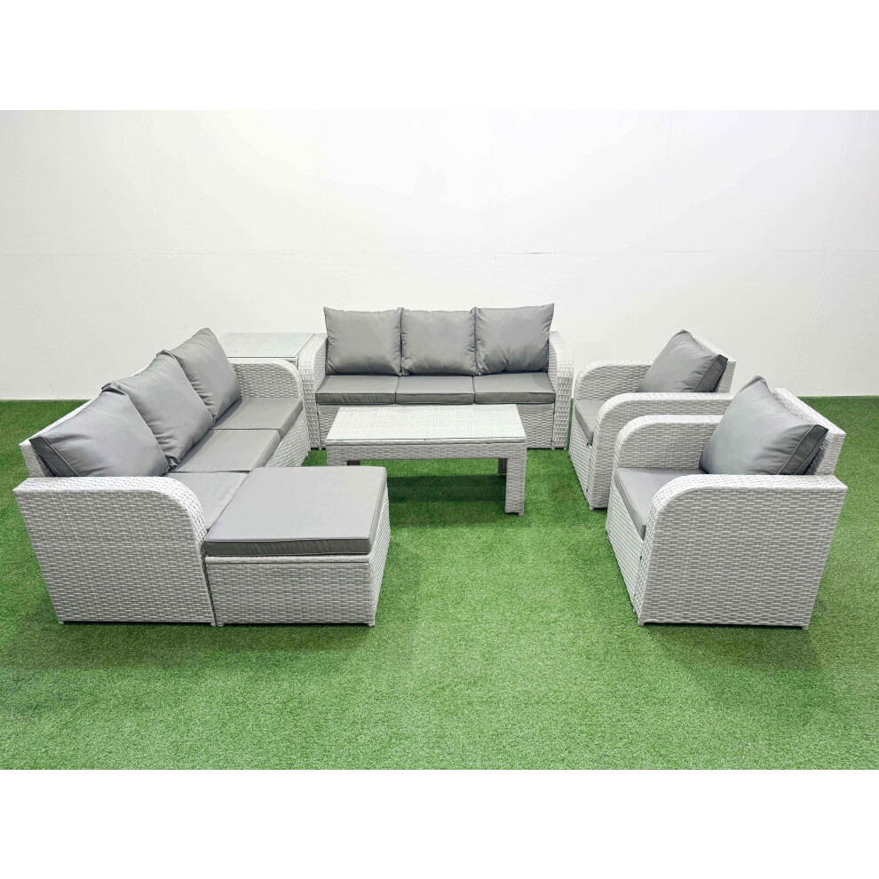 Fimous PE Rattan High Back Lounge Sofa Set Patio Oblong Coffee Table & Chairs Set with Big Footstool Side Table Light Grey