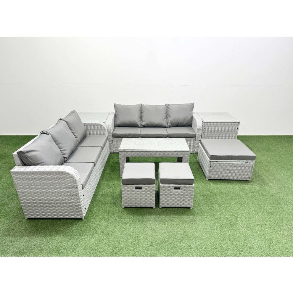 Rackhams Light/Grey 9-Seater High Back Rattan Garden Furniture Set - Wicker Sofa With Oblong Coffee Table & 3 Stools - Image 2