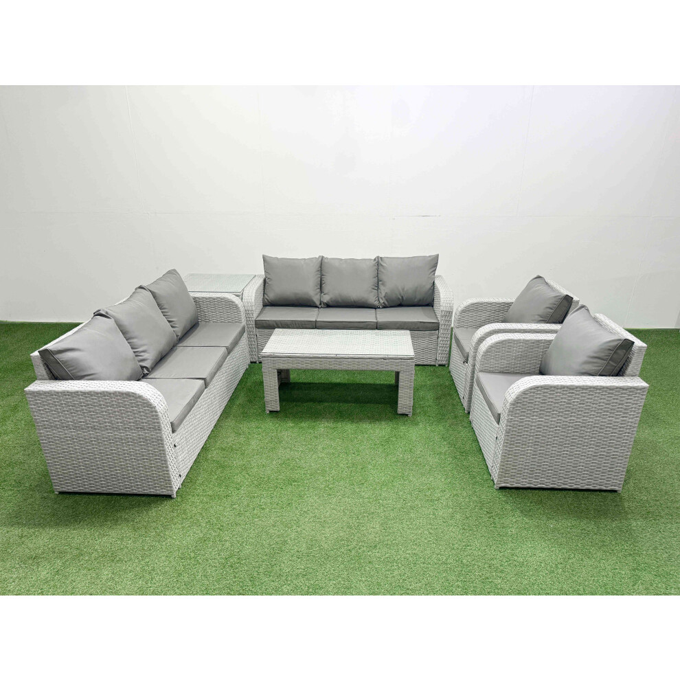 Fimous PE Rattan High Back Lounge Sofa Set Patio Oblong Coffee Table & Chairs Set with Side Table Light Grey