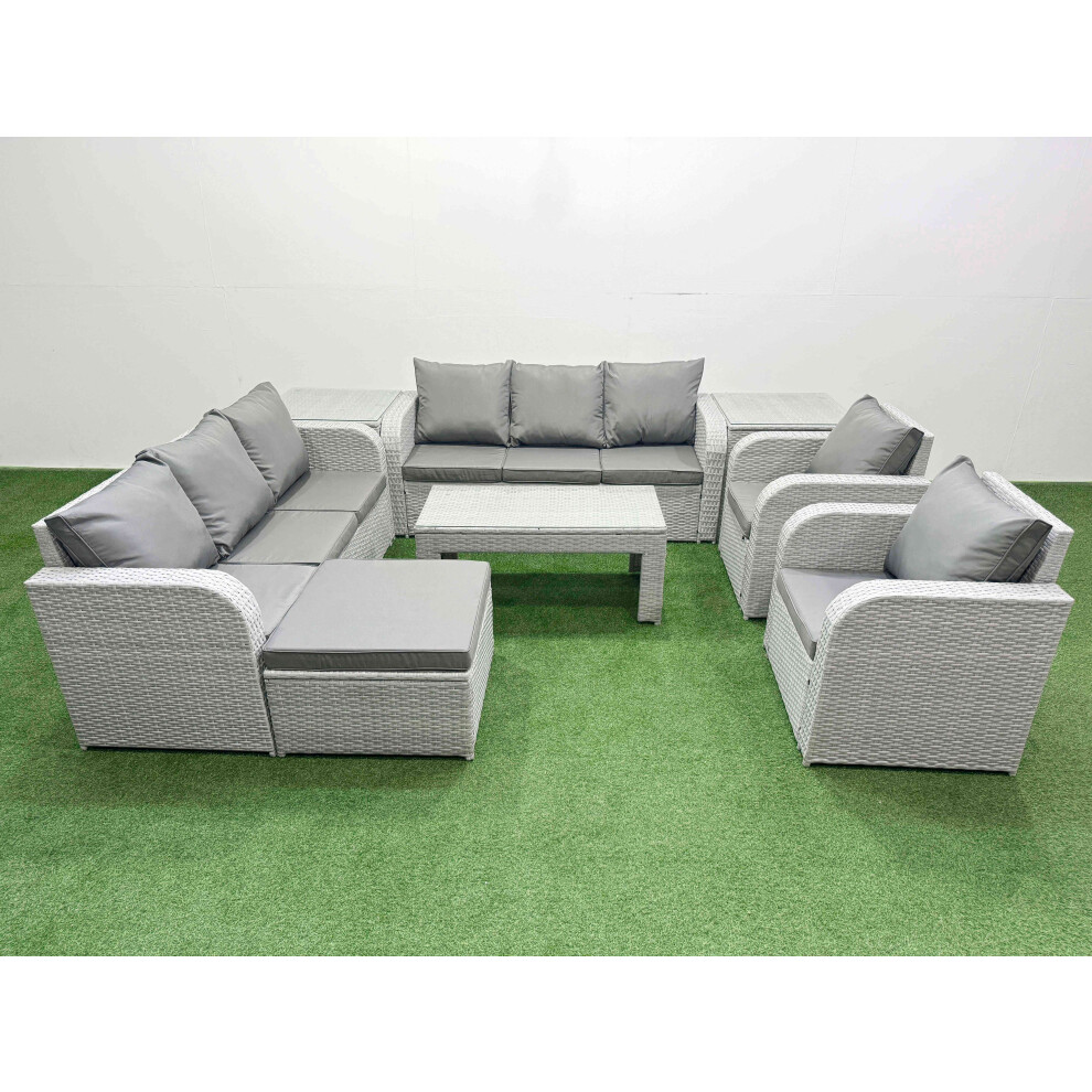 Fimous PE Rattan High Back Lounge Sofa Set Patio Oblong Coffee Table & Chairs Set with Big Footstool 2 Side Table Light Grey