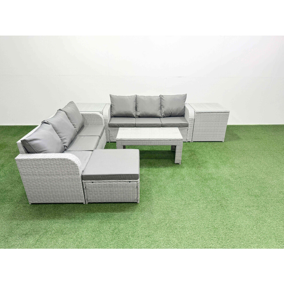 Fimous Unisex Light Grey Outdoor Garden Furniture Sets Seater Wicker Rattan Furniture Sofa Sets W/ Oblong Coffee Table High Back Lounge Sofa Big Footstool 2 Side Size 7 - Image 2