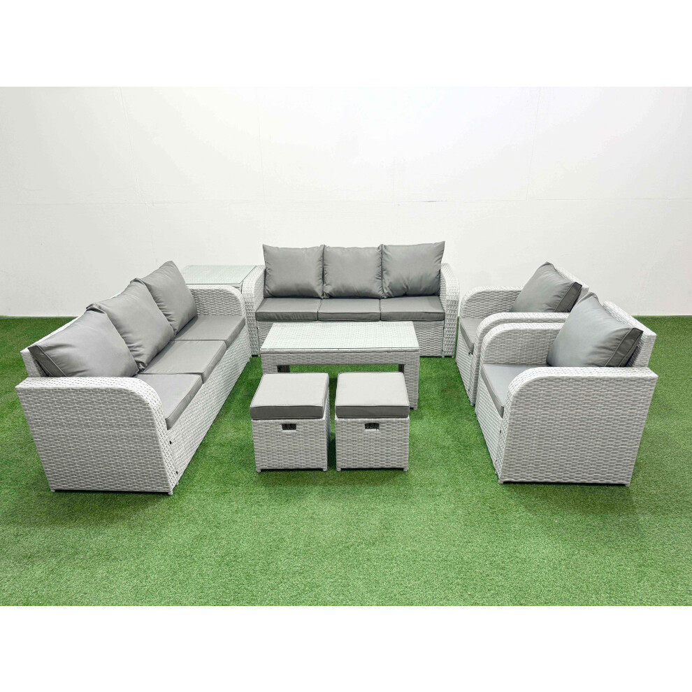 Fimous PE Rattan High Back Lounge Sofa Set Patio Oblong Coffee Table & Chairs Set with Stools Side Table Light Grey