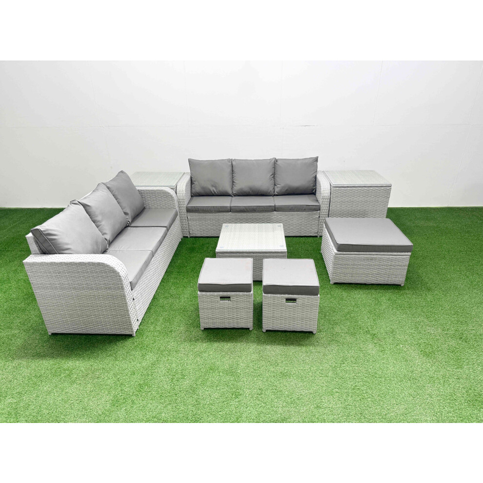 Fimous Light/Grey Outdoor Garden Furniture Set 9 Seater Rattan Furniture Sofa Set With Square Coffee Table High Back Lounge Sofa 3 Stools 2 Side Table - Image 2