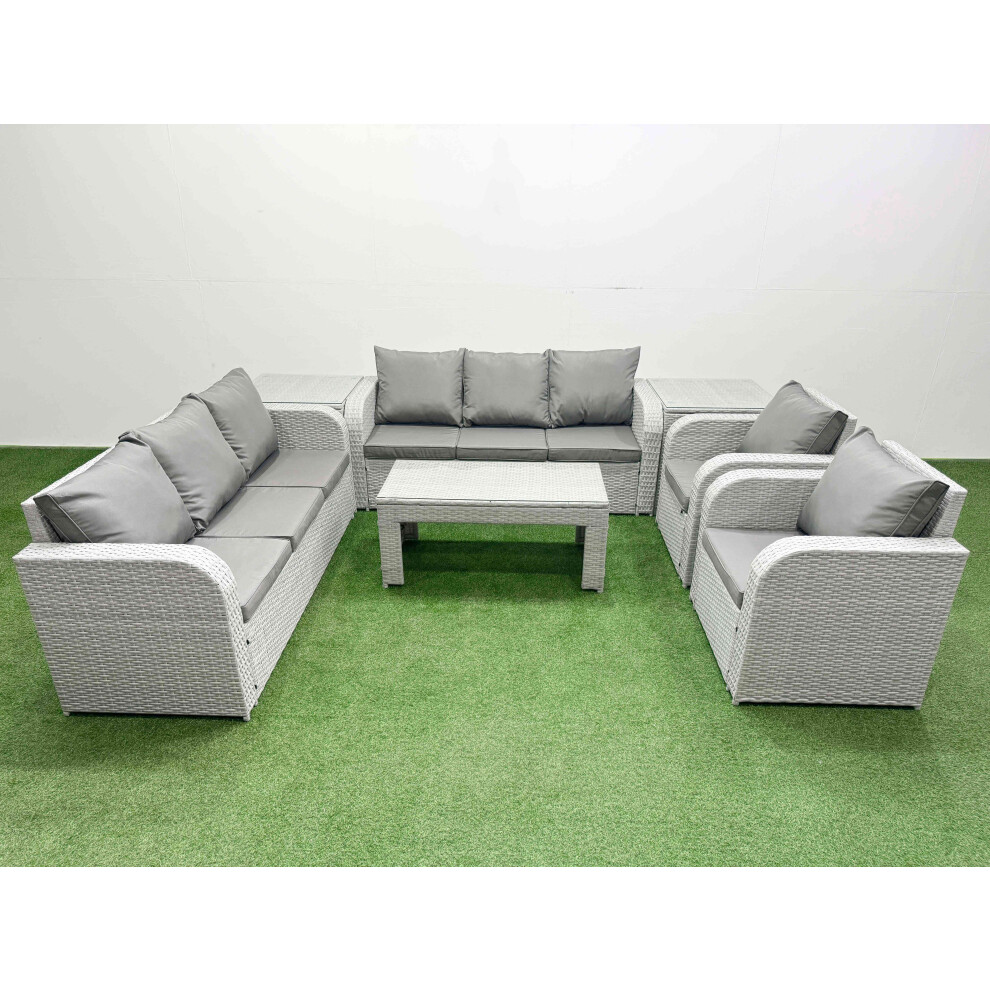 Fimous PE Rattan High Back Lounge Sofa Set Patio Oblong Coffee Table & Chairs Set with 2 Side Table Light Grey