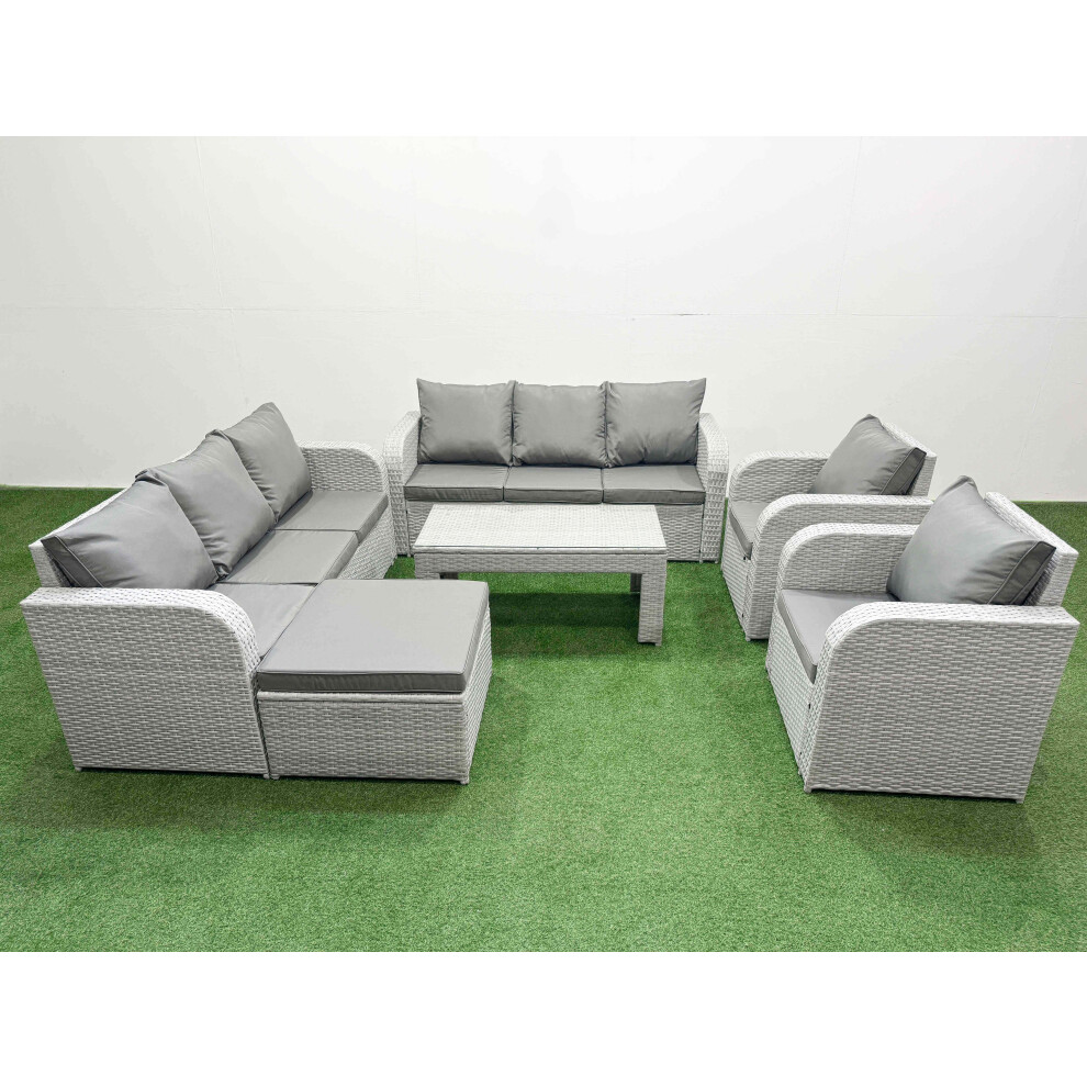 Fimous PE Rattan High Back Lounge Sofa Set Patio Oblong Coffee Table & Chairs Set with Big Footstool Light Grey