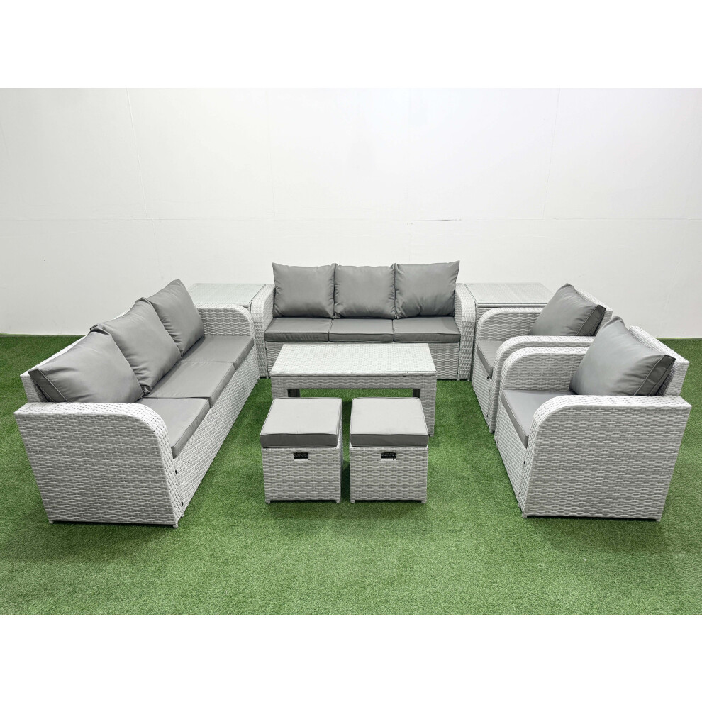 Fimous PE Rattan High Back Lounge Sofa Set Patio Oblong Coffee Table & Chairs Set with Stools 2 Side Table Light Grey