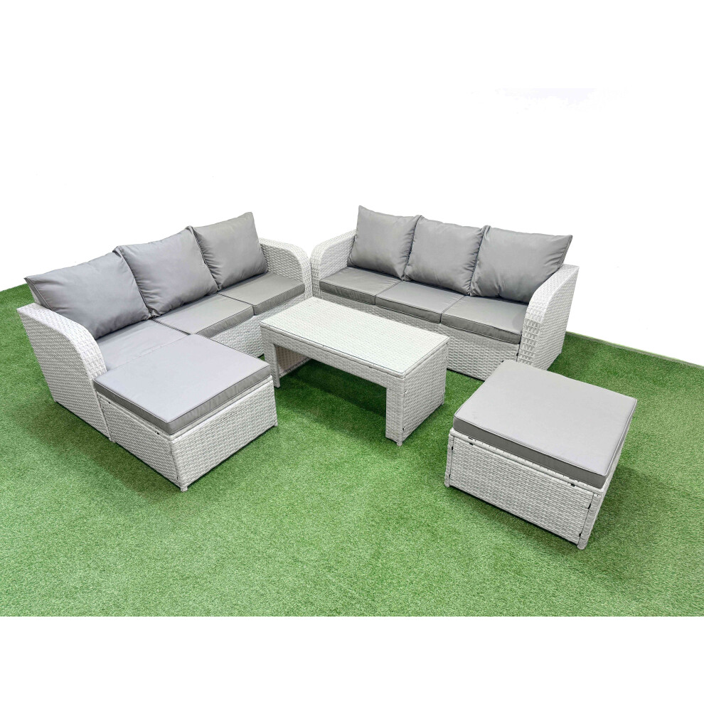 Fimous Outdoor Garden Furniture Sets 8 Seater Wicker Rattan Furniture Sofa Sets with Oblong Coffee Table2 Big Footstool Light Grey