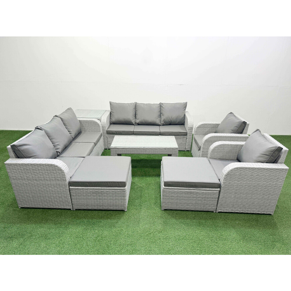 Fimous PE Rattan High Back Lounge Sofa Set Patio Oblong Coffee Table & Chairs Set with 2 Big Footstool Side Table Light Grey