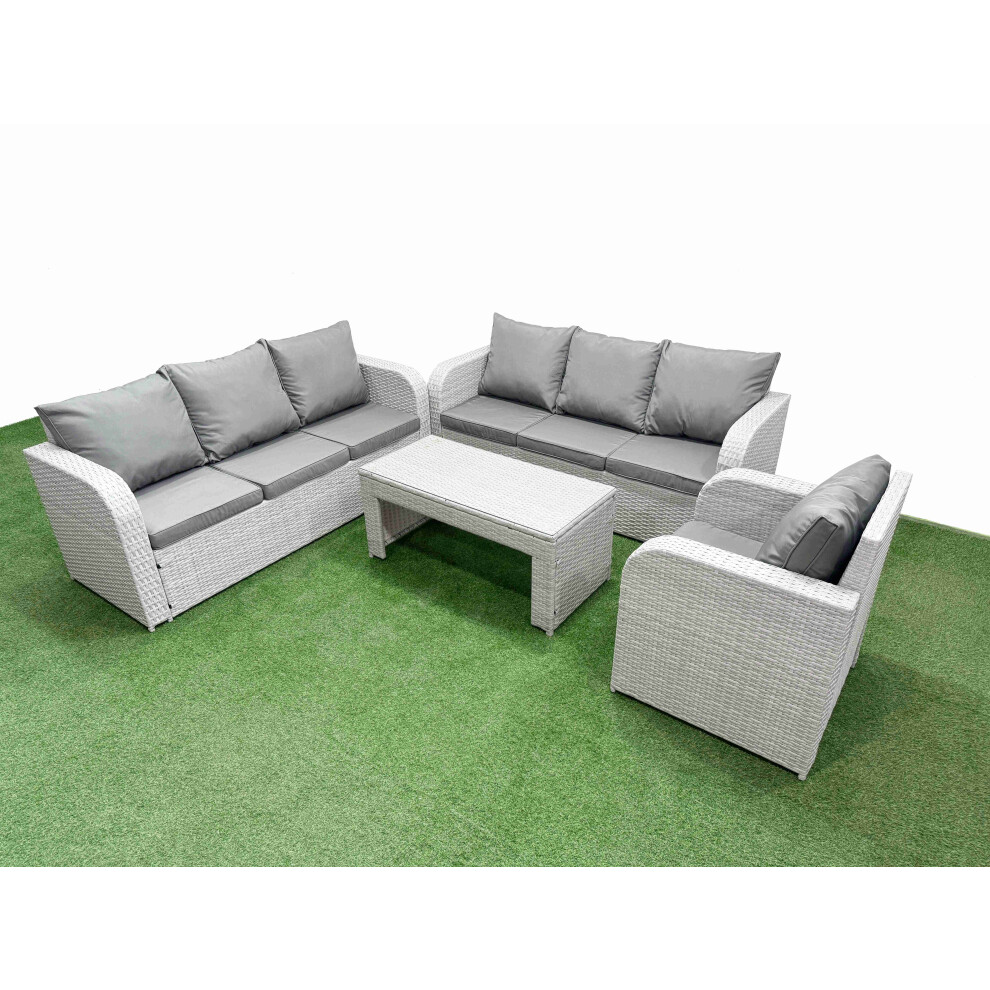 Fimous 7 Seater Poly Rattan Outdoor Garden Furniture Oblong Coffee Table Sofa Set Patio 3 Seater Sofa Light Grey