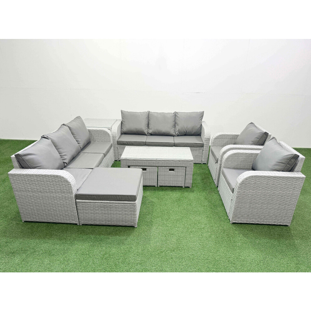 Fimous PE Rattan High Back Lounge Sofa Set Patio Oblong Coffee Table & Chairs Set with 3 Stools Side Table Light Grey