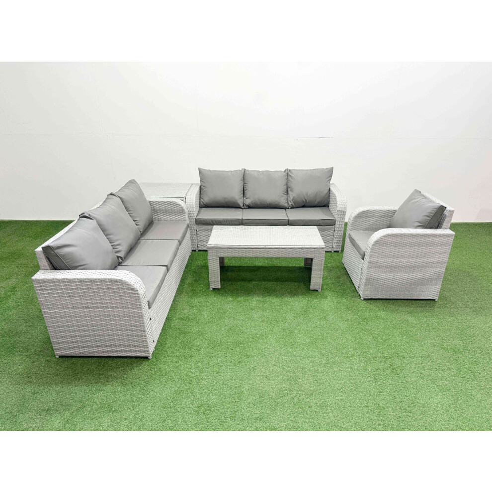 Fimous 7 Seater Poly Rattan Outdoor Garden Furniture Oblong Coffee Table Sofa Set Patio 3 Seater Sofa Side Table Light Grey