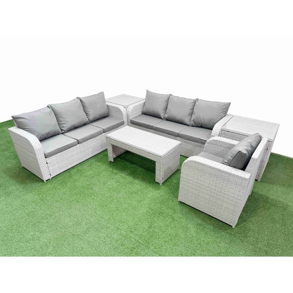 Fimous 7 Seater Poly Rattan Outdoor Garden Furniture Oblong Coffee Table Sofa Set Patio 3 Seater Sofa 2 Side Table Light Grey