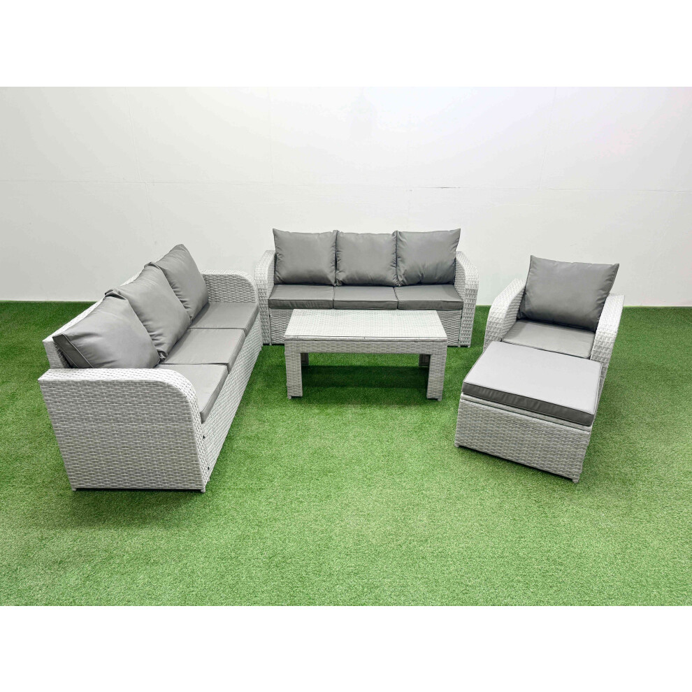 Fimous 8 Seater Poly Rattan Outdoor Garden Furniture Oblong Coffee Table Sofa Set Patio 3 Seater Sofa Big Footstool Light Grey