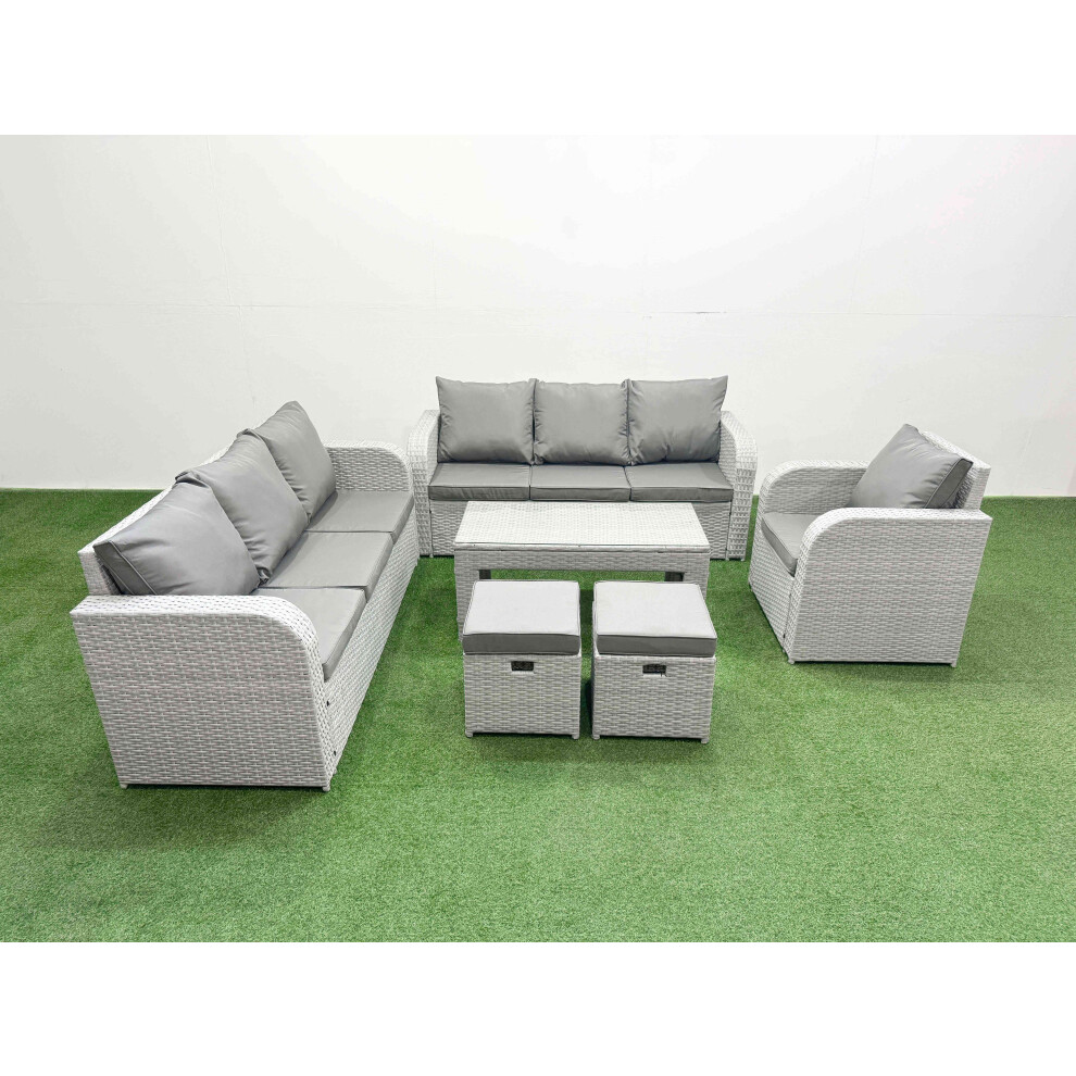 Fimous 9 Seater Poly Rattan Outdoor Garden Furniture Oblong Coffee Table Sofa Set Patio 3 Seater Sofa Stools Light Grey