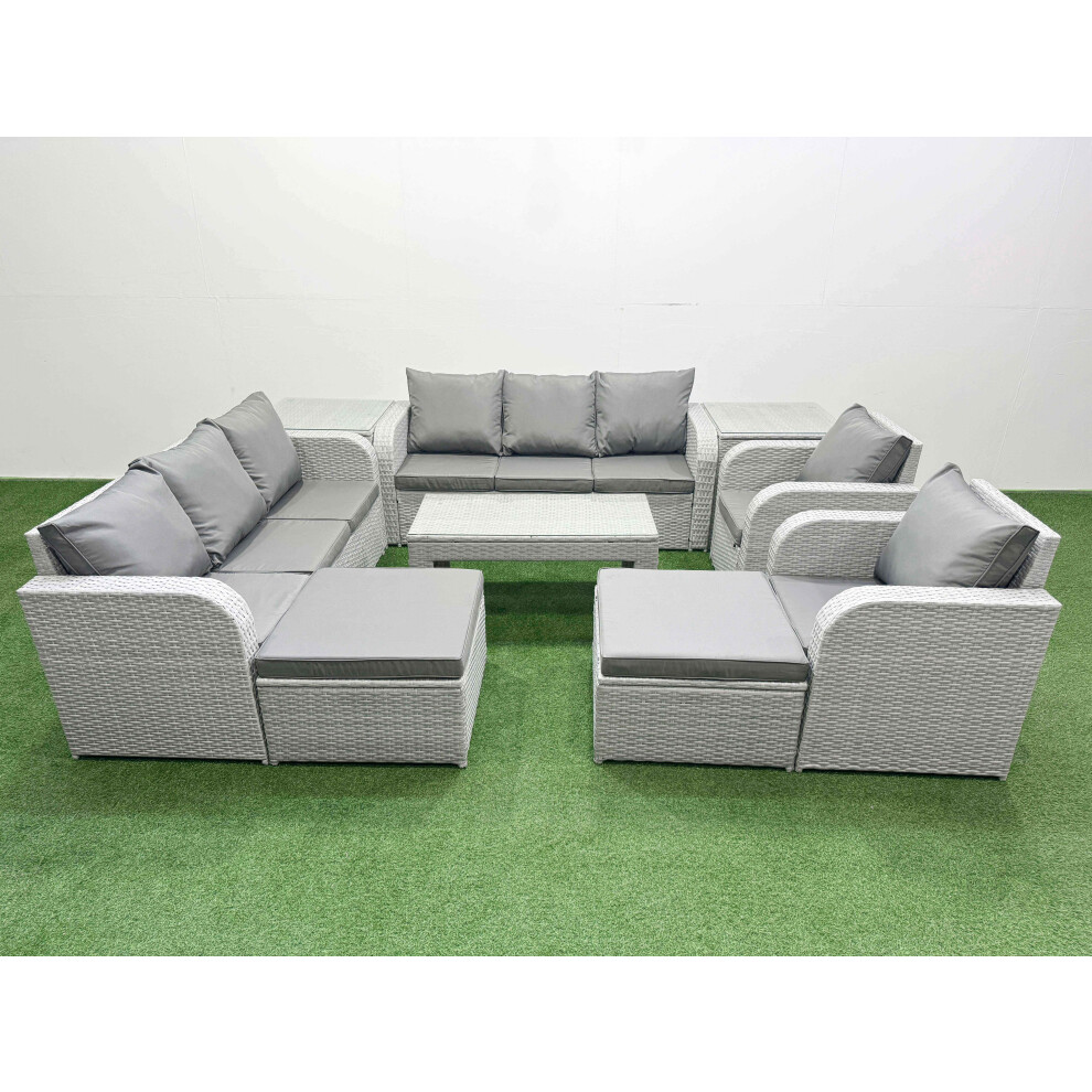 Fimous PE Rattan High Back Lounge Sofa Set Patio Oblong Coffee Table & Chairs Set with 2 Big Footstool 2 Side Table Light Grey