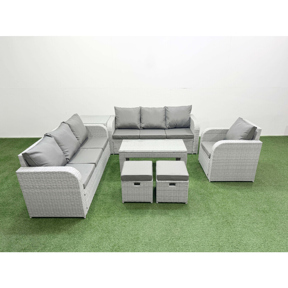 Fimous 9 Seater Poly Rattan Outdoor Garden Furniture Oblong Coffee Table Sofa Set Patio 3 Seater Sofa Stools Side Table Light Grey-image-OPC-PFVQGF6-NEW