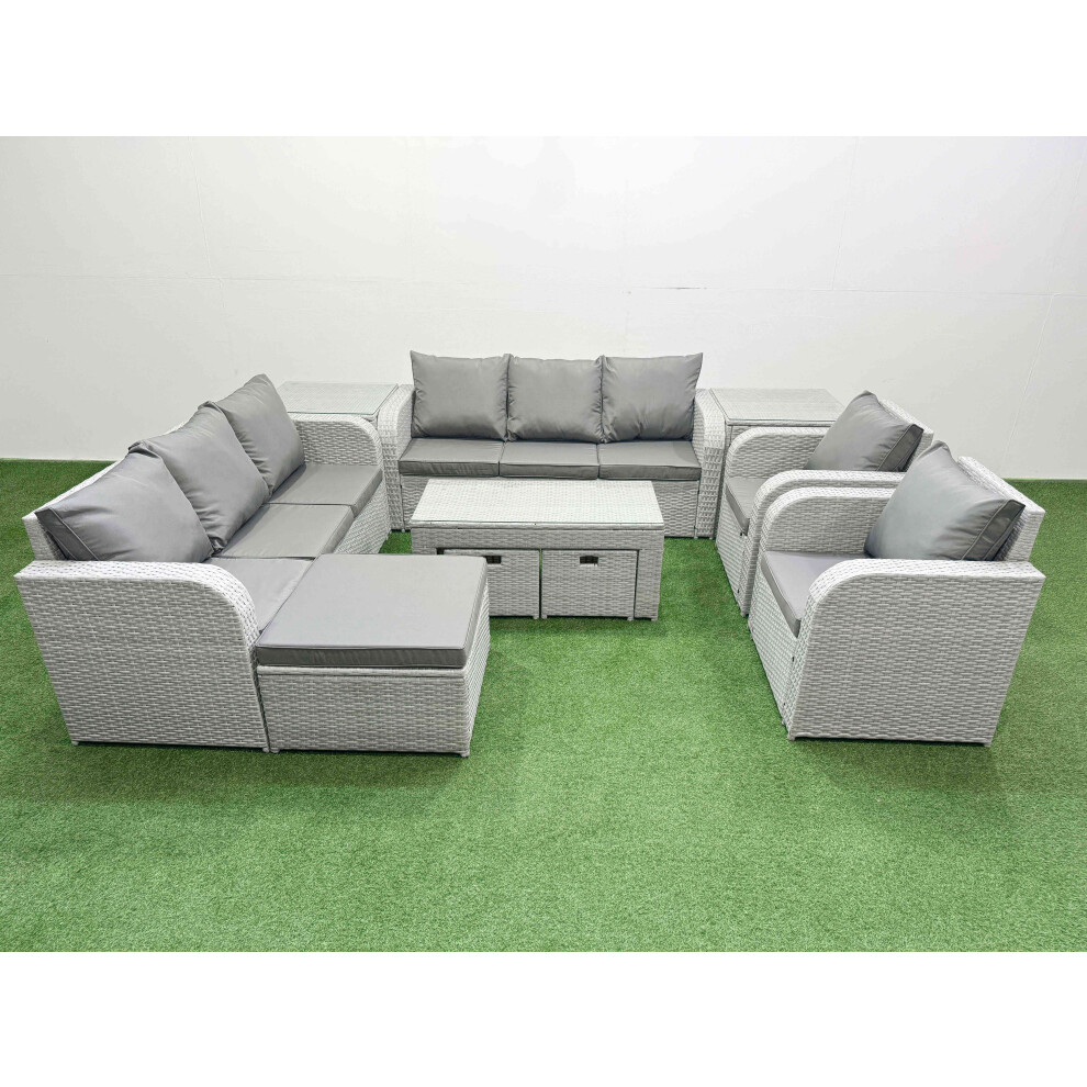 Fimous PE Rattan High Back Lounge Sofa Set Patio Oblong Coffee Table & Chairs Set with 3 Stools 2 Side Table Light Grey