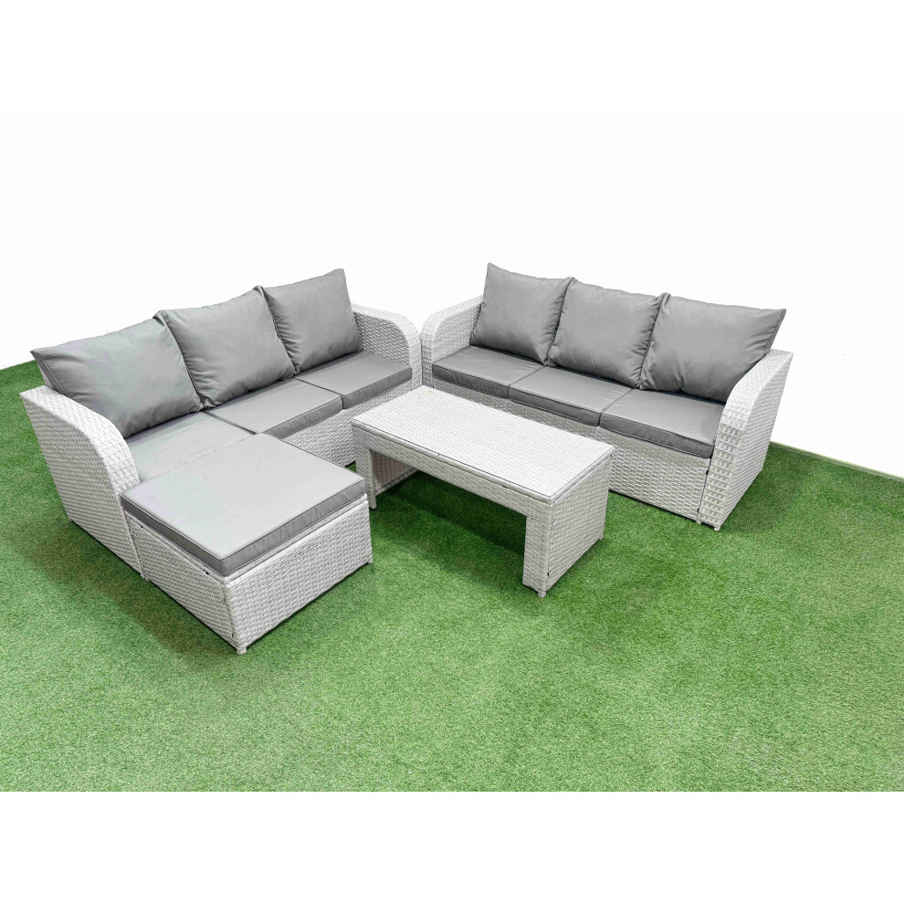 Fimous Outdoor Garden Furniture Sets 7 Seater Wicker Rattan Furniture Sofa Sets With Oblong Coffee Tablebig Footstool Light Grey