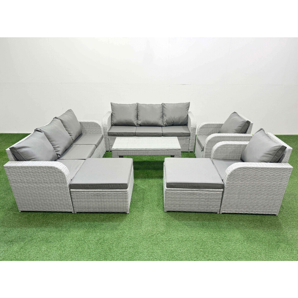 Fimous PE Rattan High Back Lounge Sofa Set Patio Oblong Coffee Table & Chairs Set with 2 Big Footstool Light Grey