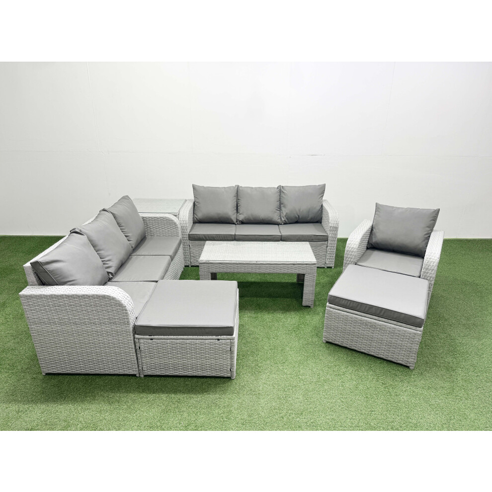 Fimous 9 Seater Poly Rattan Outdoor Garden Furniture Oblong Coffee Table Sofa Set Patio 3 Seater Sofa 2 Big Footstools Side Table