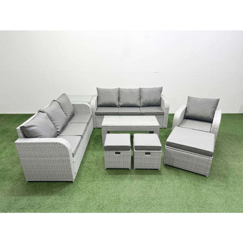 Fimous 10 Seater Poly Rattan Outdoor Garden Furniture Oblong Coffee Table Sofa Set Patio 3 Seater Sofa 3 Stools Side Table Light Grey