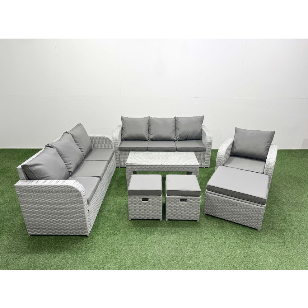 Fimous 10 Seater Poly Rattan Outdoor Garden Furniture Oblong Coffee Table Sofa Set Patio 3 Seater Sofa 3 Stools Light Grey