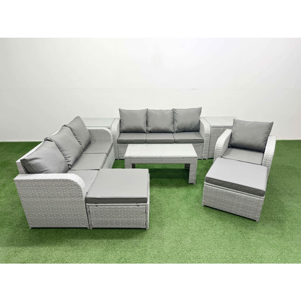 Fimous 9 Seater Poly Rattan Outdoor Garden Furniture Oblong Coffee Table Sofa Set Patio 3 Seater Sofa 2 Big Footstools 2 Side Table